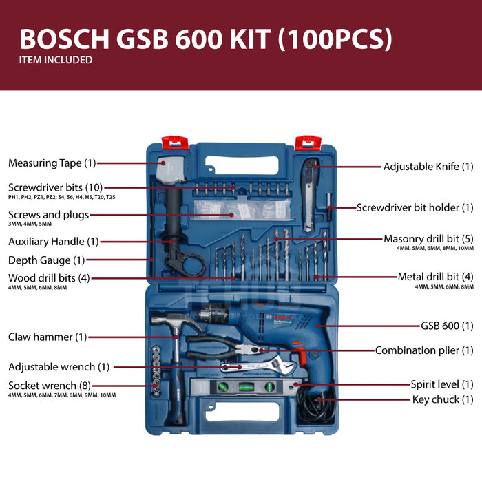 Bosch GSB 600 Impact Drill Kit 13MM (100 Pieces)