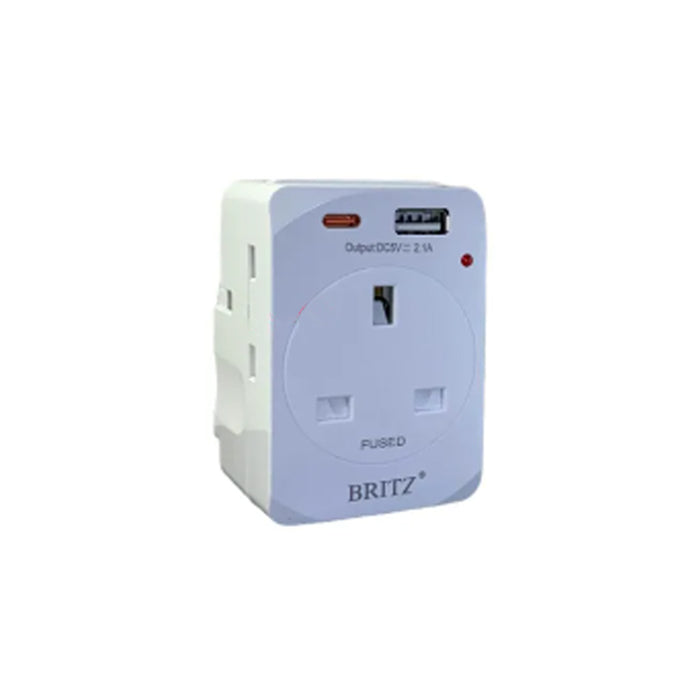 BRITZ BR-232C 3 Way Adaptor With 1A+1C USB